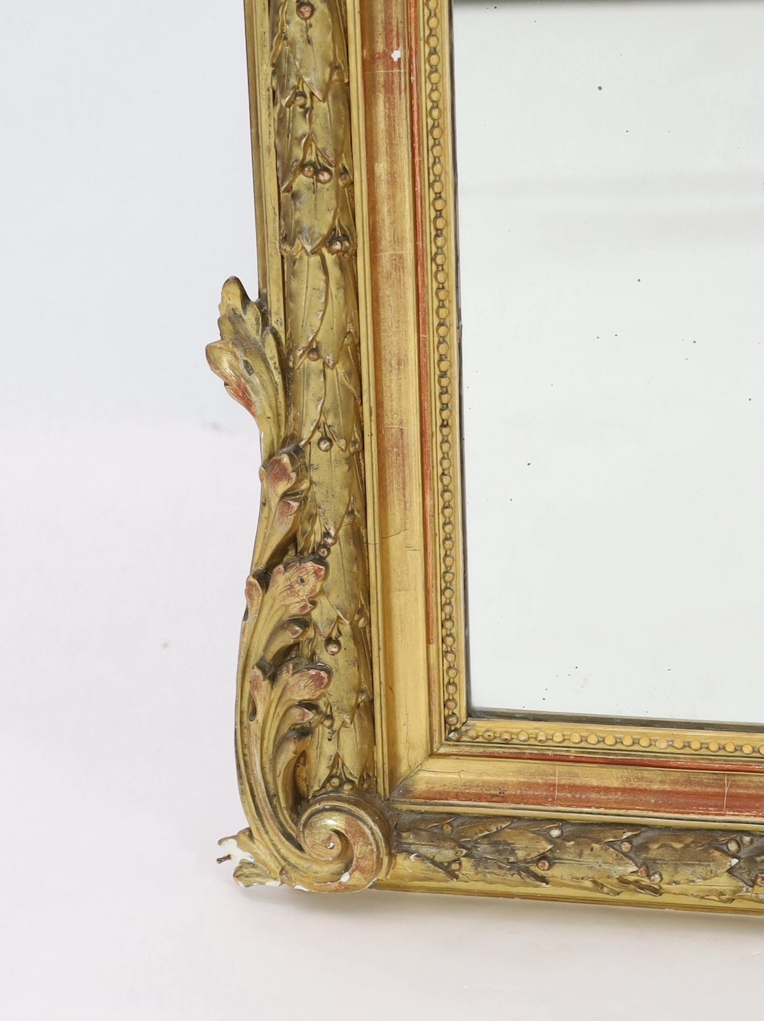 A late 19th century French giltwood and gesso overmantel mirror, width 105cm, height 149cm